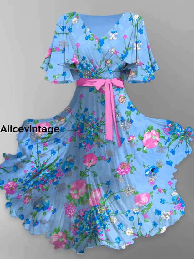 Floral Print V-Neck Vintage Chic Short Sleeve Midi Dress A / S