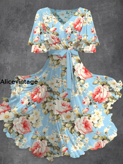 Floral Print V-Neck Vintage Chic Short Sleeve Midi Dress A / S