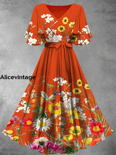 Floral Print V-Neck Vintage Chic Short Sleeve Midi Dress A / S