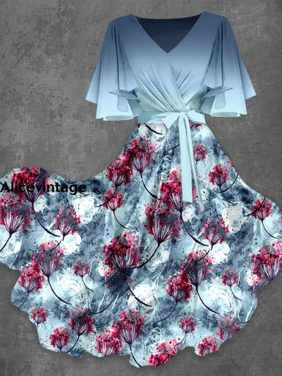 Floral Print V-Neck Vintage Chic Short Sleeve Midi Dress A / S