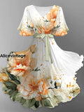 Floral Print V-Neck Vintage Chic Short Sleeve Midi Dress A / S
