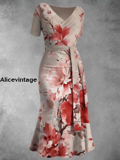 Floral Print V-Neck Vintage Chic Short Sleeve Midi Dress A / S