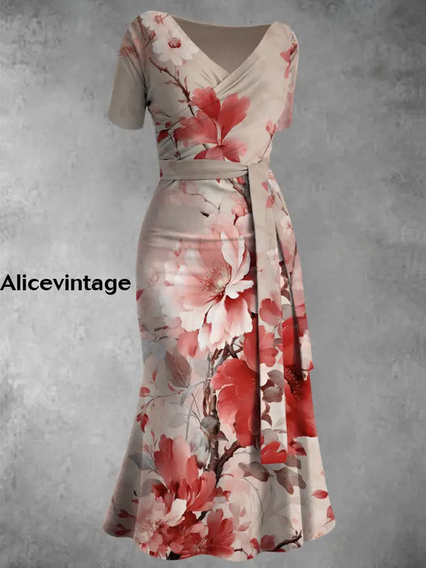 Floral Print V-Neck Vintage Chic Short Sleeve Midi Dress A / S