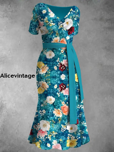 Floral Print V-Neck Vintage Chic Short Sleeve Midi Dress A / S