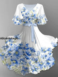 Floral Print V-Neck Vintage Chic Short Sleeve Midi Dress A / S
