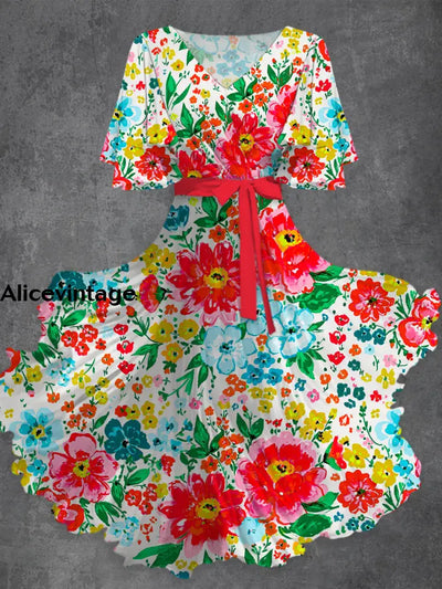 Floral Print V-Neck Vintage Chic Short Sleeve Midi Dress A / S