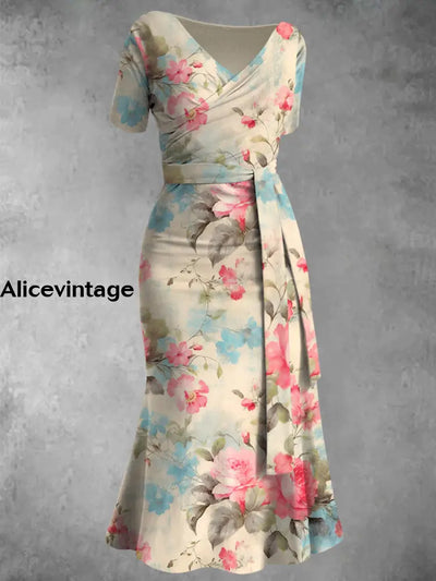 Floral Print V-Neck Vintage Chic Short Sleeve Midi Dress A / S