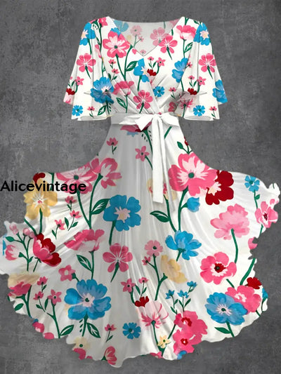 Floral Print V-Neck Vintage Chic Short Sleeve Midi Dress A / S