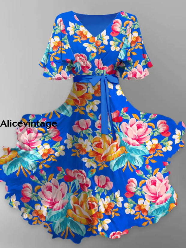 Floral Print V-Neck Vintage Chic Short Sleeve Midi Dress A / S