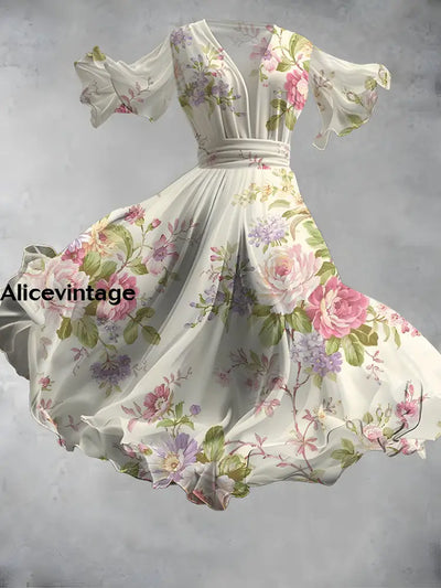 Floral Print V-Neck Vintage Elegant Chic Short Sleeve Flowy Midi Dress A / S