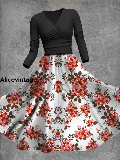 Floral Print V-Neck Vintage Elegant Long Sleeve Midi Dress A / S