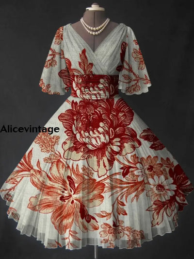 Floral Print V-Neck Vintage Elegant Short Sleeve Midi Dress A / S