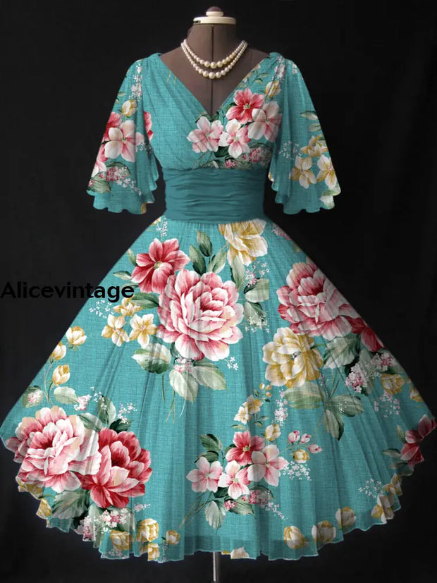 Floral Print V-Neck Vintage Elegant Short Sleeve Multilayer Midi Dress A / S