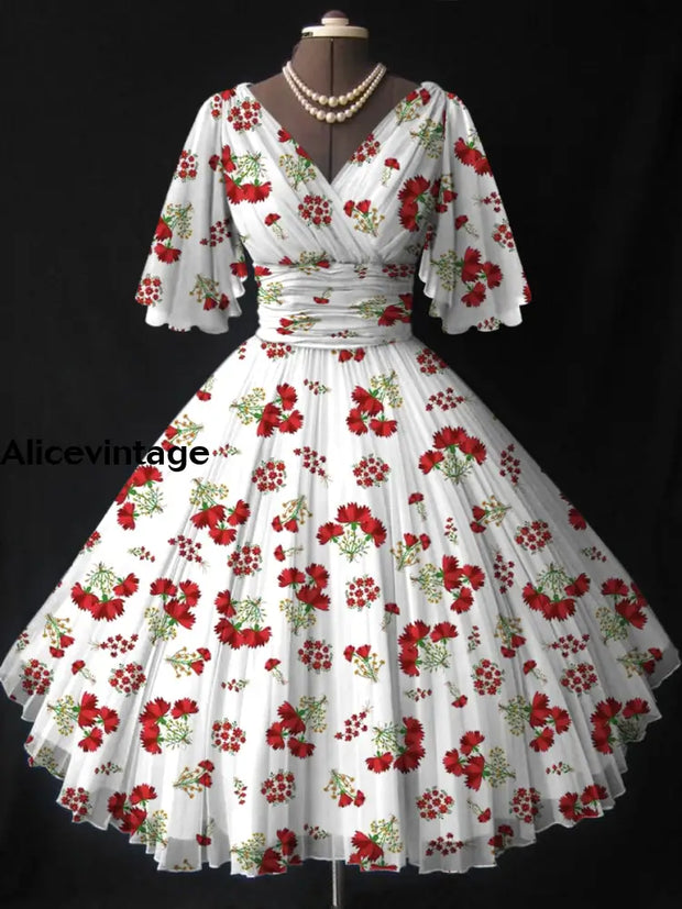 Floral Print V-Neck Vintage Elegant Short Sleeve Multilayer Midi Dress A / S