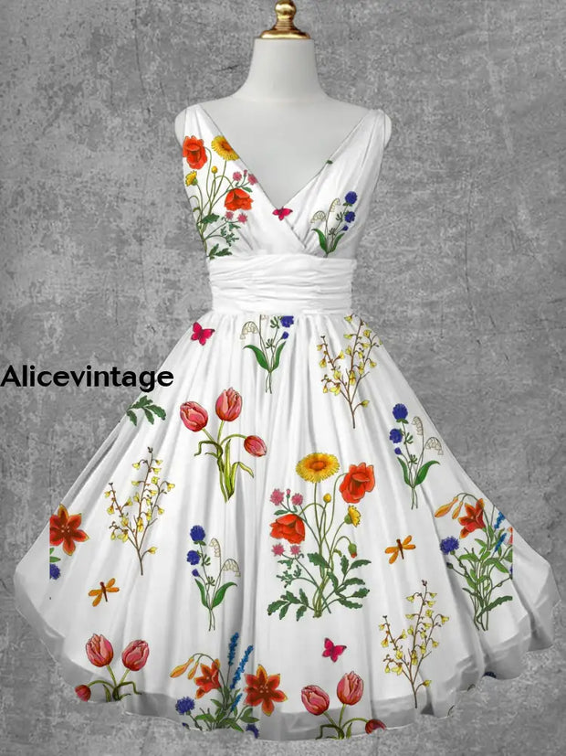 Floral Print V-Neck Vintage Elegant Sleeveless Multilayer Midi Dress A / S