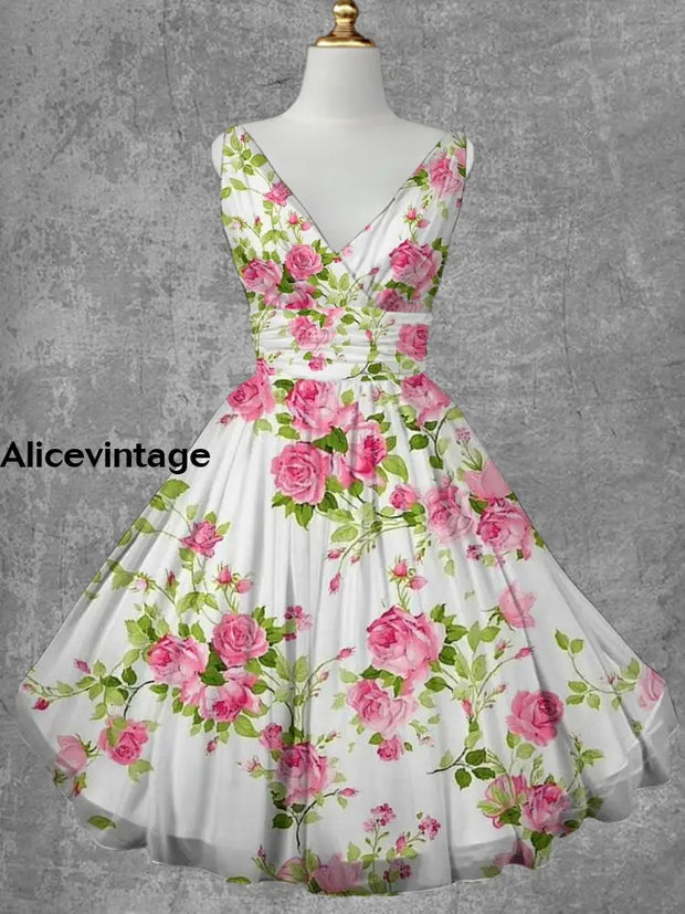 Floral Print V-Neck Vintage Elegant Sleeveless Multilayer Midi Dress A / S