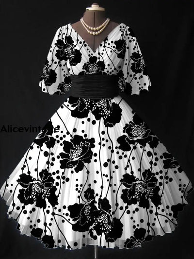 Floral Print V-Neck Vintage Fashion Short Sleeve Midi Dress A / S