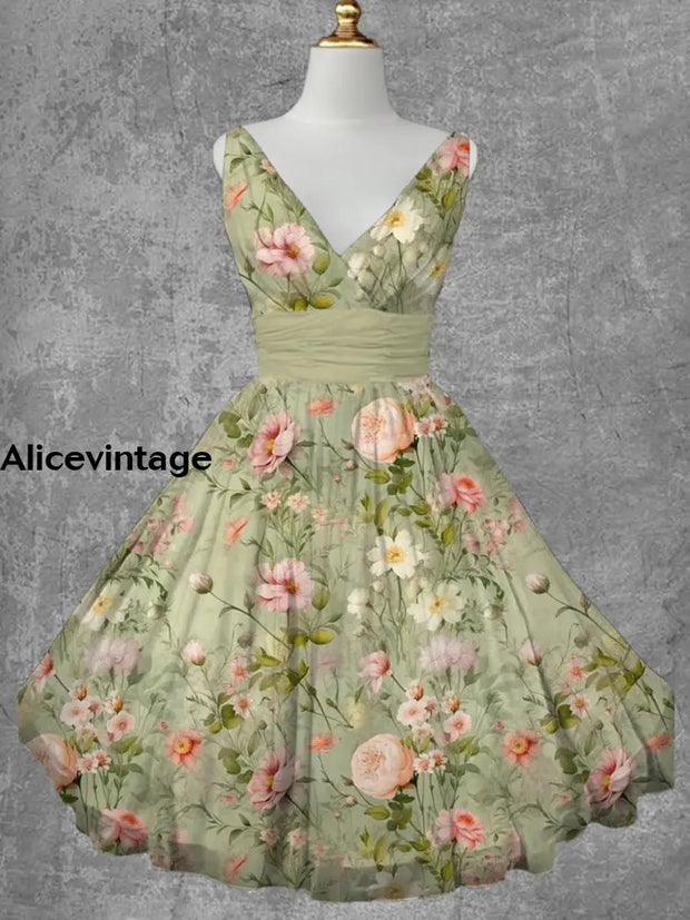 Floral Print V-Neck Vintage Fashion Sleeveless Midi Dress A / S