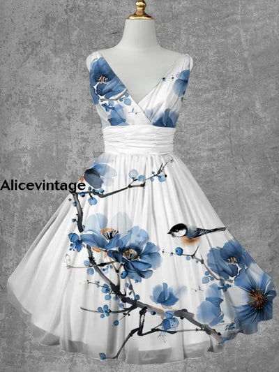 Floral Print V-Neck Vintage Fashion Sleeveless Midi Dress A / S