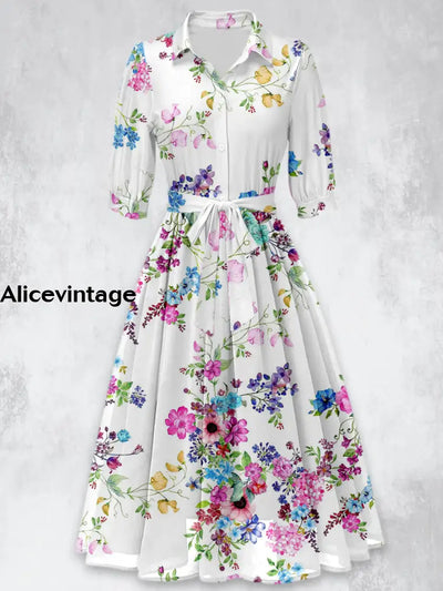 Floral Print Vintage 50’S Short Sleeve Lapel Collar Maxi Dress A / S