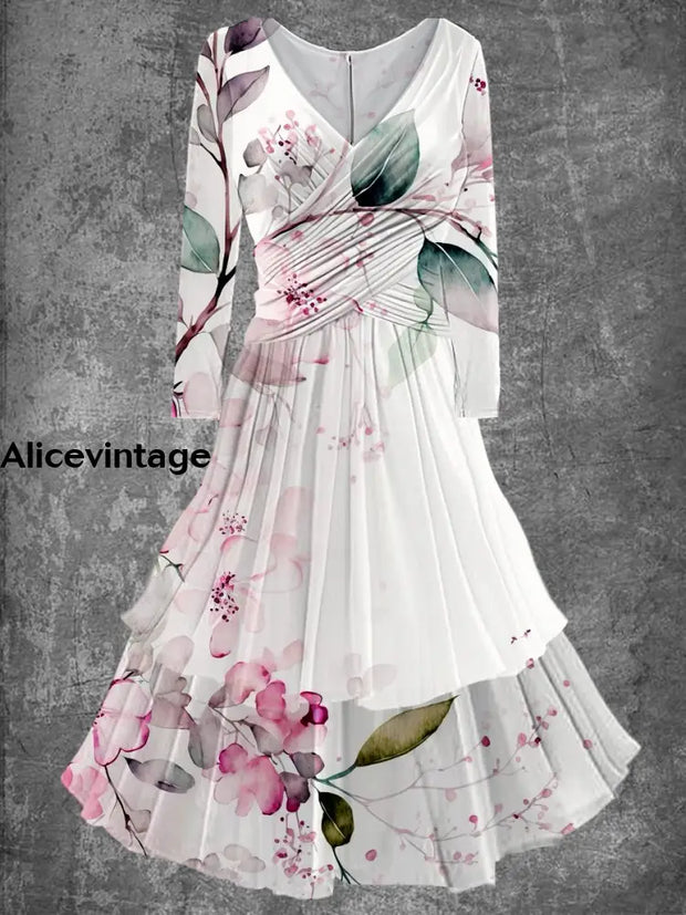 Floral Print Vintage Elegant Chic Long Sleeve Multilayer Midi Dress A / S