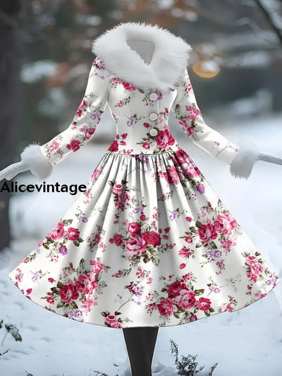 Floral Print Vintage Elegant Fur Collar Long Sleeve Midi Dress A / S