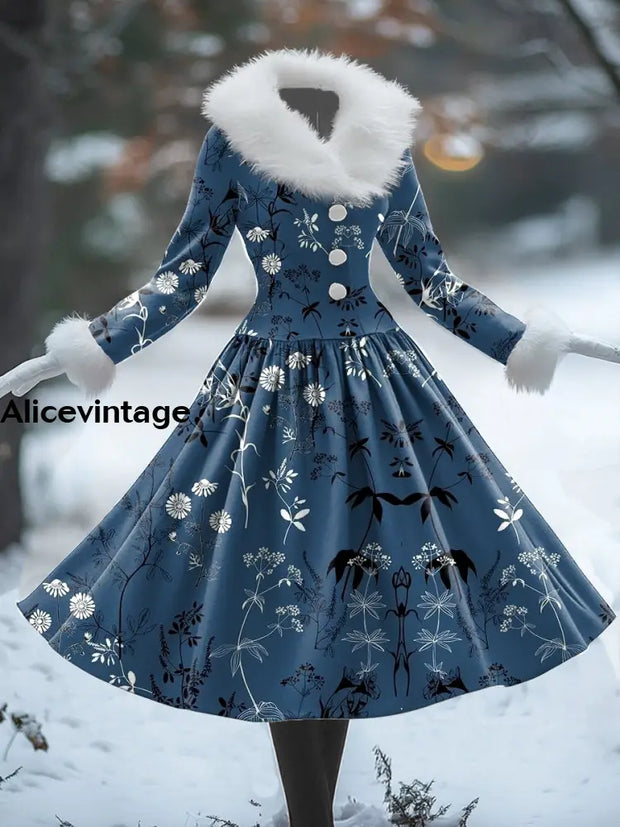 Floral Print Vintage Elegant Fur Collar Long Sleeve Midi Dress A / S