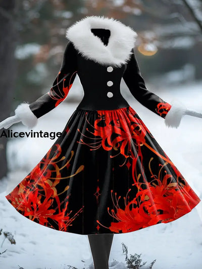 Floral Print Vintage Elegant Fur Collar Long Sleeve Midi Dress A / S