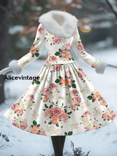 Floral Print Vintage Elegant Fur Collar Long Sleeve Midi Dress A / S