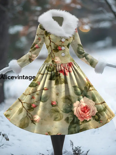 Floral Print Vintage Elegant Fur Collar Long Sleeve Midi Dress A / S