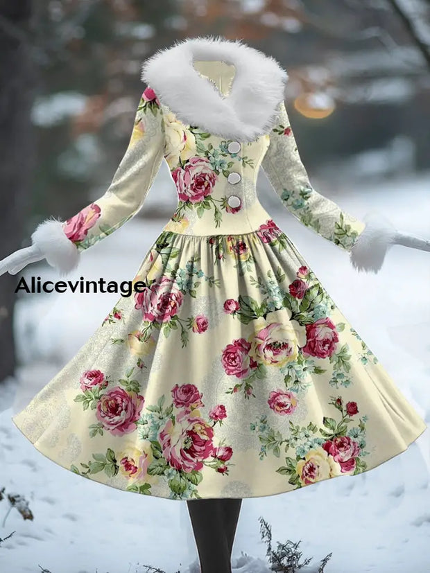 Floral Print Vintage Elegant Fur Collar Long Sleeve Midi Dress A / S