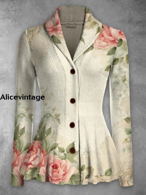 Floral Print Vintage Elegant Lapel Button Up Long Sleeve Top A / S