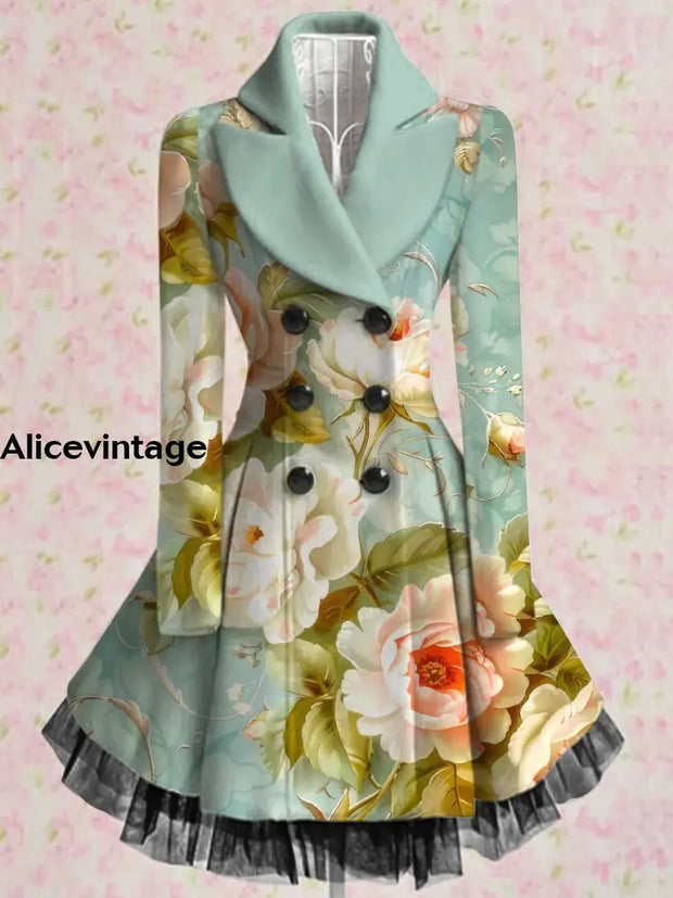 Floral Print Vintage Elegant Lapel V-Neck Button Up Long Sleeve Coat Dress