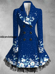 Floral Print Vintage Elegant Lapel V-Neck Button Up Long Sleeve Coat Dress