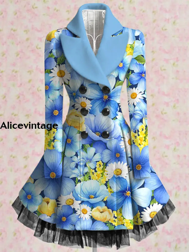 Floral Print Vintage Elegant Lapel V-Neck Button Up Long Sleeve Coat Dress