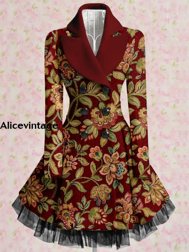 Floral Print Vintage Elegant Lapel V-Neck Button Up Long Sleeve Coat Dress