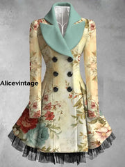 Floral Print Vintage Elegant Lapel V-Neck Button Up Long Sleeve Coat Dress