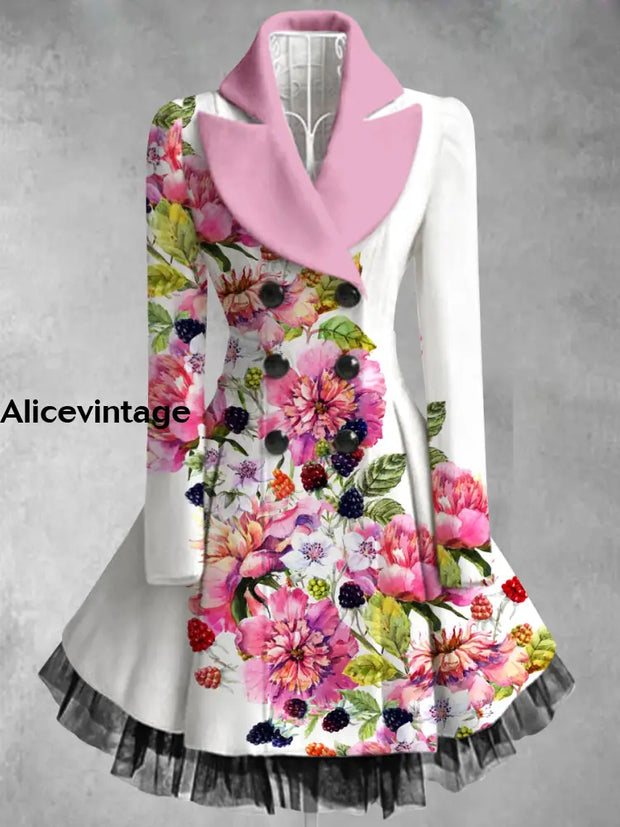 Floral Print Vintage Elegant Lapel V-Neck Button Up Long Sleeve Coat Dress