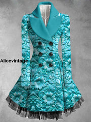 Floral Print Vintage Elegant Lapel V-Neck Button Up Long Sleeve Coat Dress