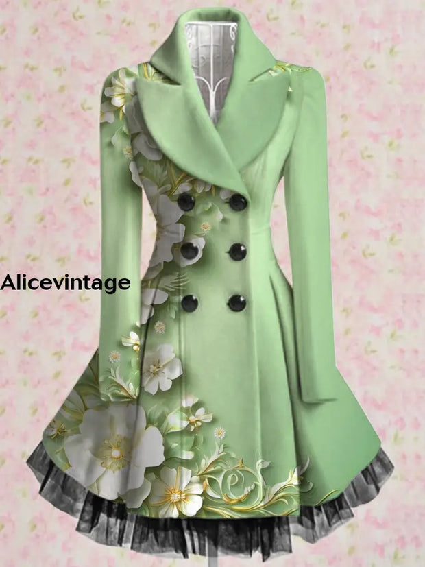 Floral Print Vintage Elegant Lapel V-Neck Button Up Long Sleeve Coat Dress