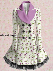 Floral Print Vintage Elegant Lapel V-Neck Button Up Long Sleeve Coat Dress