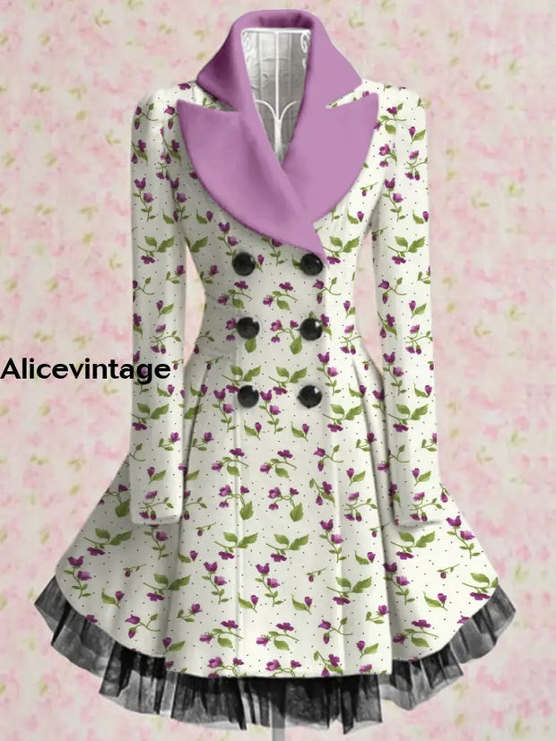 Floral Print Vintage Elegant Lapel V-Neck Button Up Long Sleeve Coat Dress