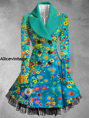 Floral Print Vintage Elegant Lapel V-Neck Button Up Long Sleeve Coat Dress