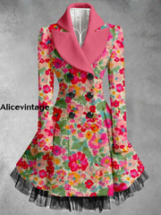 Floral Print Vintage Elegant Lapel V-Neck Button Up Long Sleeve Coat Dress