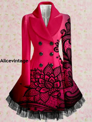 Floral Print Vintage Elegant Lapel V-Neck Button Up Long Sleeve Coat Dress