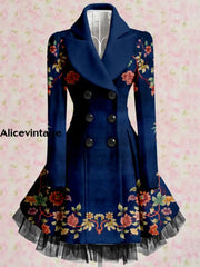 Floral Print Vintage Elegant Lapel V-Neck Button Up Long Sleeve Coat Dress