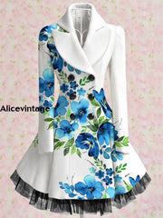 Floral Print Vintage Elegant Lapel V-Neck Button Up Long Sleeve Coat Dress