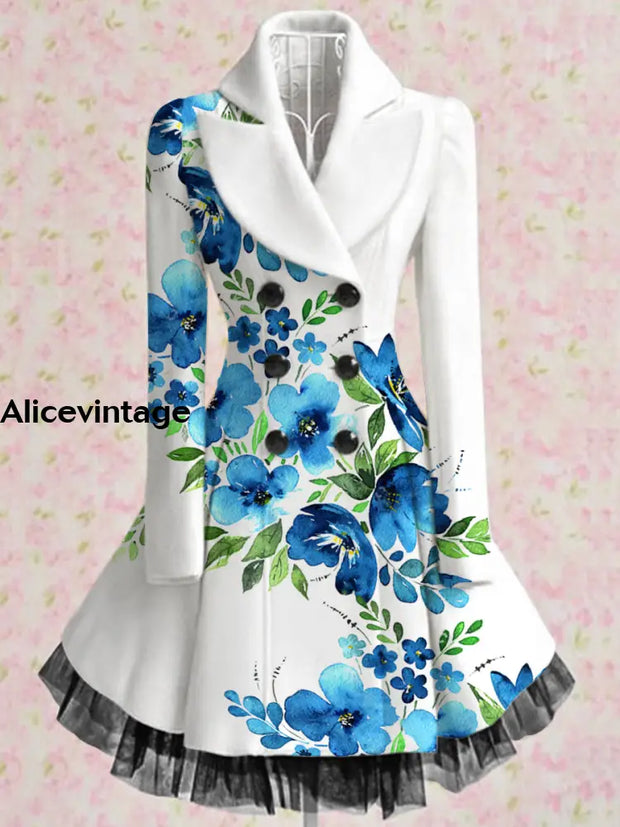 Floral Print Vintage Elegant Lapel V-Neck Button Up Long Sleeve Coat Dress