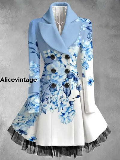 Floral Print Vintage Elegant Lapel V-Neck Button Up Long Sleeve Coat Dress