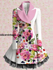 Floral Print Vintage Elegant Lapel V-Neck Button Up Long Sleeve Coat Dress